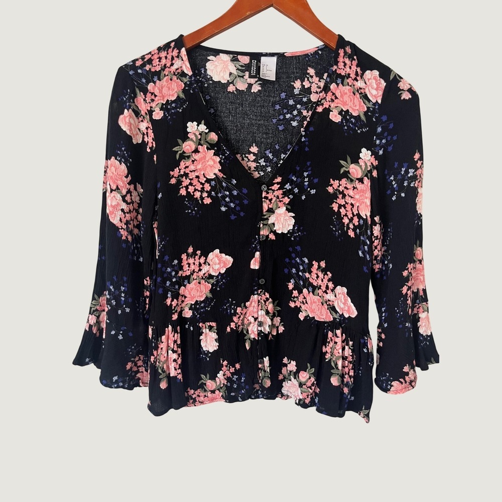 H&M Divided Floral Peplum Blouse Black Pink Bell Sleeve Dark Romantic Top Size 2